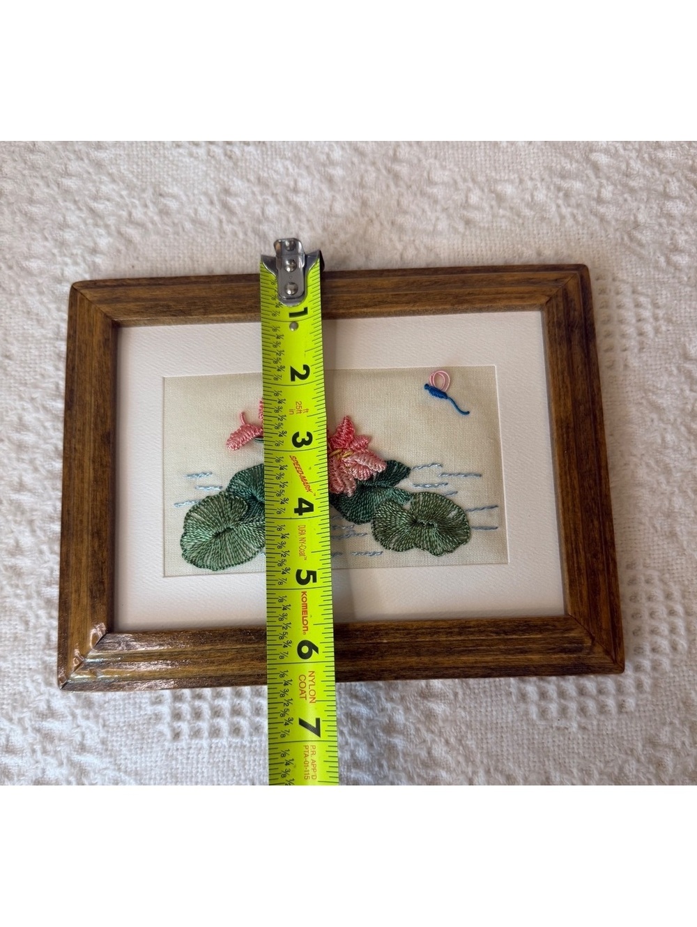 Embroidered needepoint flowers, lily pads, and dragonfly with frame - Picture 6 of 6